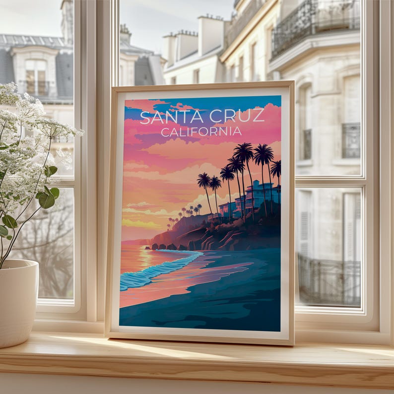 Santa Cruz Travel Print California Poster Beach Wall Art Coastal Illustration Santa Cruz Poster Home Decor Birthday Gift