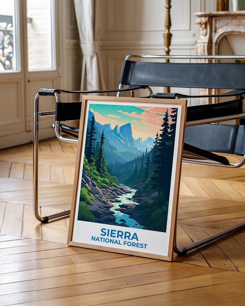Sierra National Forest Travel Print California Poster Forest Wall Art Mountains Illustration Sierra Poster Home Decor Birthday Gift