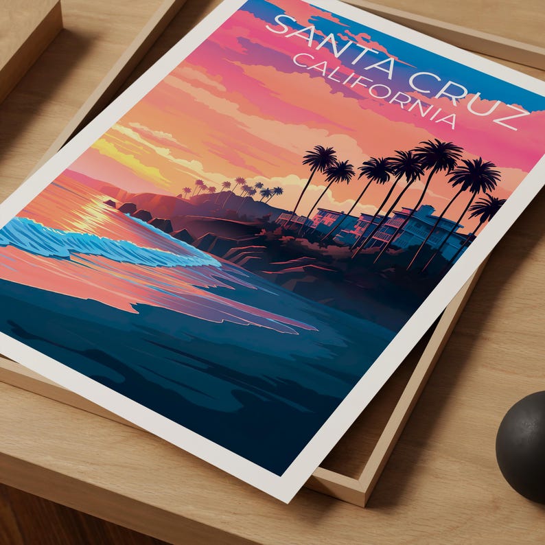 Santa Cruz Travel Print California Poster Beach Wall Art Coastal Illustration Santa Cruz Poster Home Decor Birthday Gift