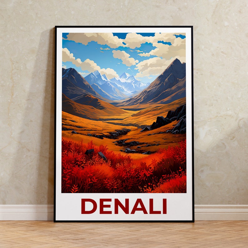 Affiche du parc national de Denali, impression Denali, affiche de l'Alaska, impression de l'Alaska, affiche de voyage Denali, art de la montagne, art Denali