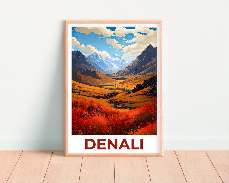 Affiche du parc national de Denali, impression Denali, affiche de l'Alaska, impression de l'Alaska, affiche de voyage Denali, art de la montagne, art Denali