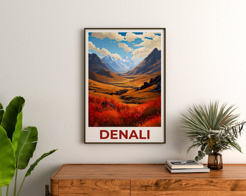 Affiche du parc national de Denali, impression Denali, affiche de l'Alaska, impression de l'Alaska, affiche de voyage Denali, art de la montagne, art Denali