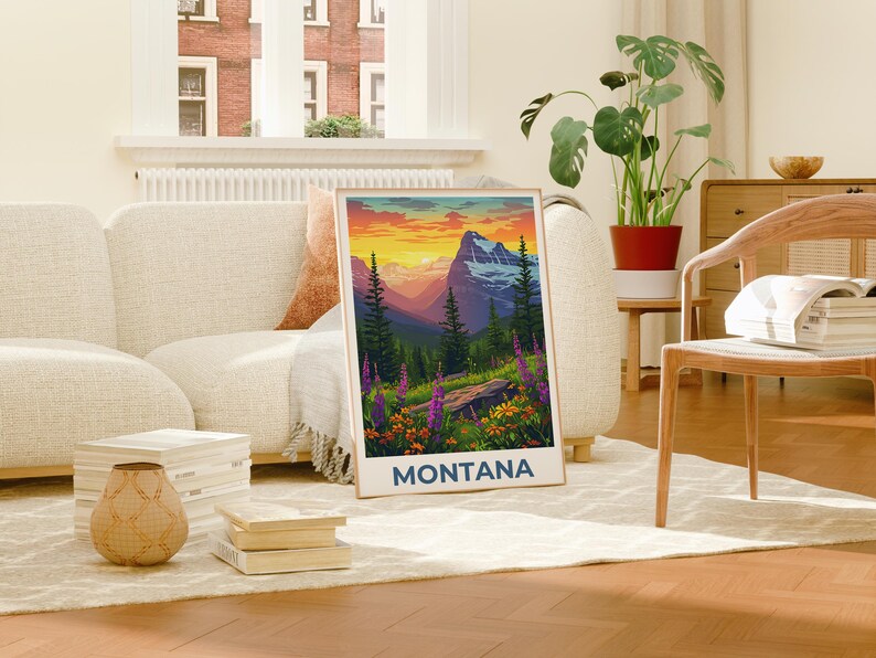 Montana Travel Poster, Glacier National Park Print, Flowers Wall Art, Forest Illustration, Landscape Poster, Home Decor, Birthday Gift