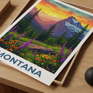 Montana Travel Poster, Glacier National Park Print, Flowers Wall Art, Forest Illustration, Landscape Poster, Home Decor, Birthday Gift
