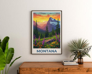 Montana Travel Poster, Glacier National Park Print, Flowers Wall Art, Forest Illustration, Landscape Poster, Home Decor, Birthday Gift