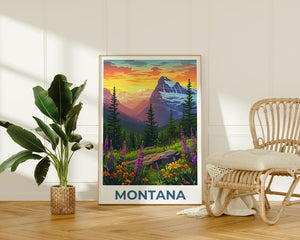 Montana Travel Poster, Glacier National Park Print, Flowers Wall Art, Forest Illustration, Landscape Poster, Home Decor, Birthday Gift