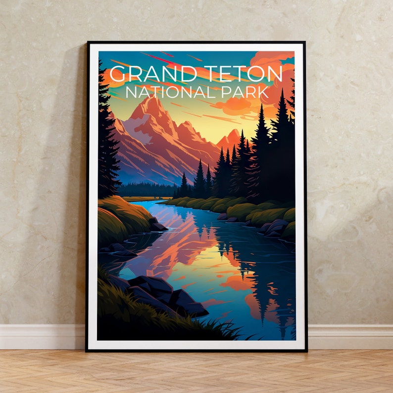 Affiche du parc national de Grand Teton, impression du Wyoming, affiche du Wyoming, impression du Grand Teton, affiche de voyage du Wyoming, affiche de randonnée, art du Grand Teton