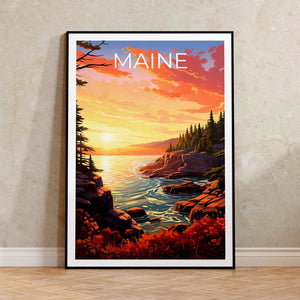 Maine Travel Print Acadia National Park Poster Rocky Shores Wall Art Forest Illustration Maine Poster Home Decor Birthday Gift