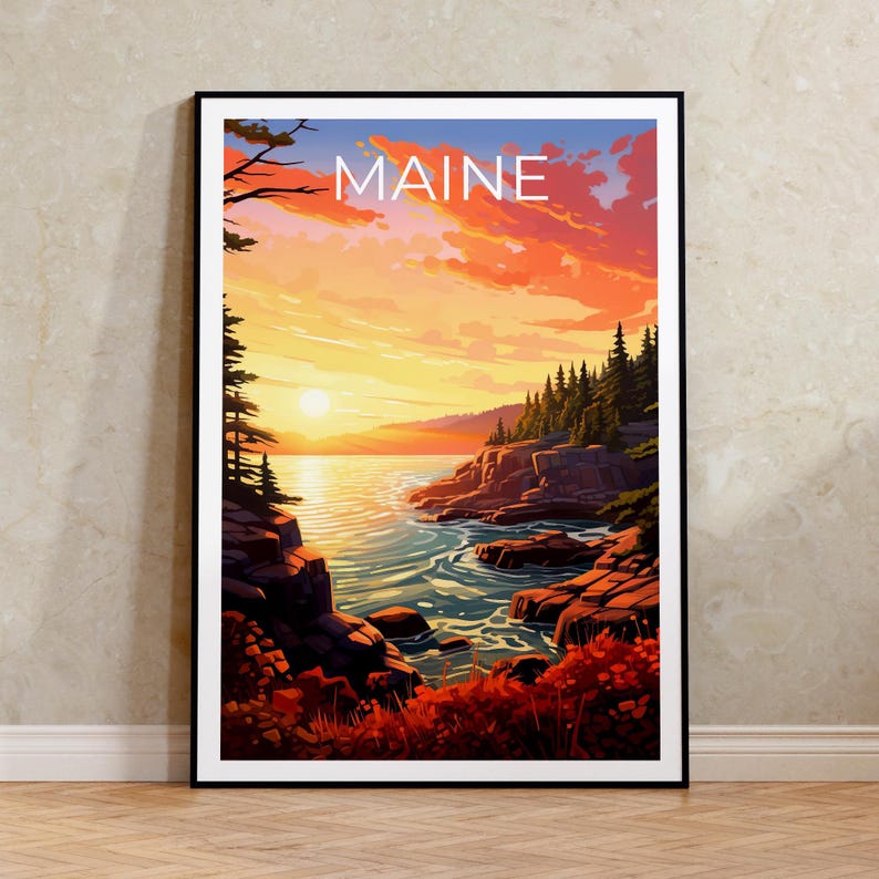 Maine Travel Print Acadia National Park Poster Rocky Shores Wall Art Forest Illustration Maine Poster Home Decor Birthday Gift