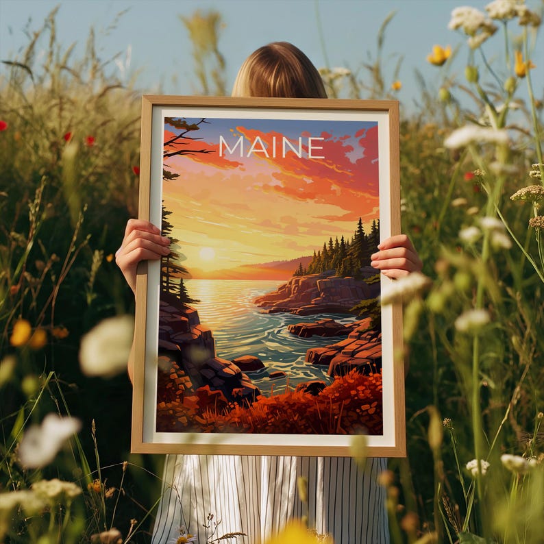 Maine Travel Print Acadia National Park Poster Rocky Shores Wall Art Forest Illustration Maine Poster Home Decor Birthday Gift