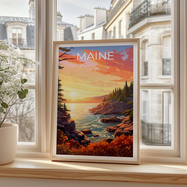 Maine Travel Print Acadia National Park Poster Rocky Shores Wall Art Forest Illustration Maine Poster Home Decor Birthday Gift