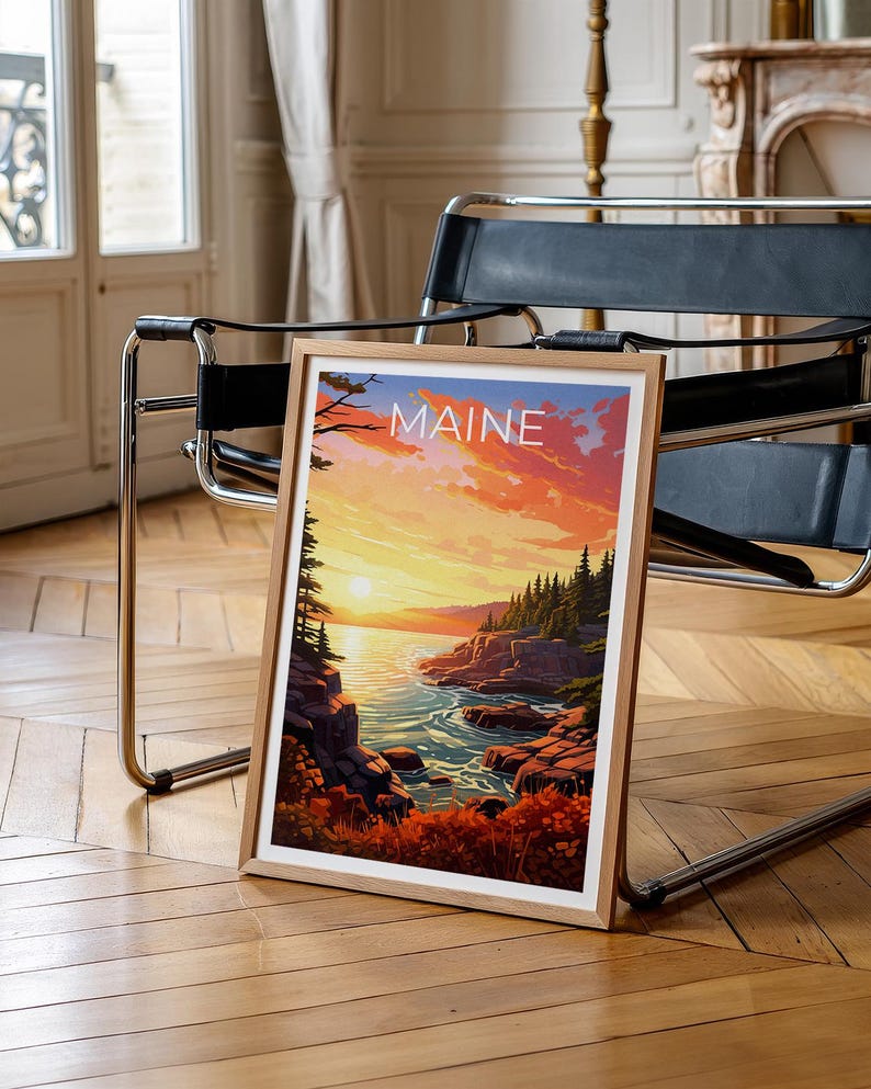 Maine Travel Print Acadia National Park Poster Rocky Shores Wall Art Forest Illustration Maine Poster Home Decor Birthday Gift