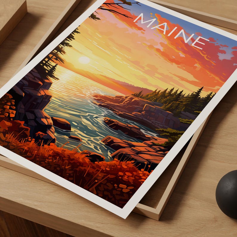 Maine Travel Print Acadia National Park Poster Rocky Shores Wall Art Forest Illustration Maine Poster Home Decor Birthday Gift