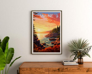Maine Travel Print Acadia National Park Poster Rocky Shores Wall Art Forest Illustration Maine Poster Home Decor Birthday Gift