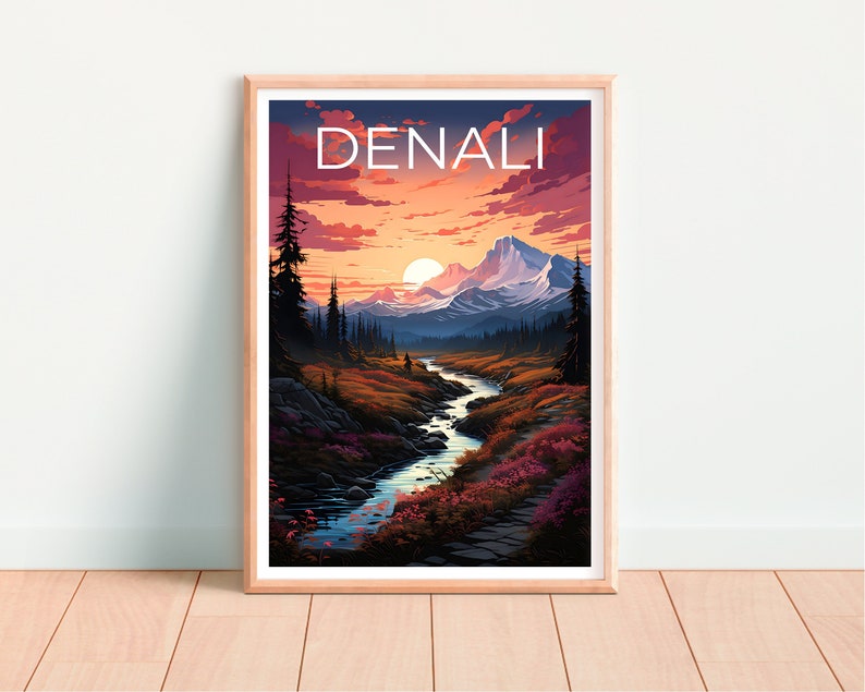 Affiche de voyage Denali, art mural de l'Alaska, impression de l'Alaska, affiche Denali, affiche de montagne, affiche de la nature, art Denali