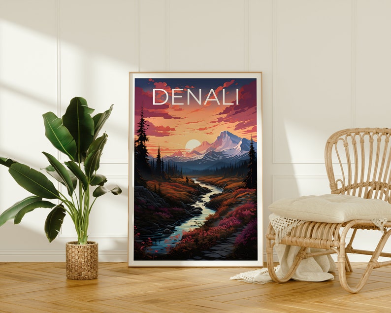 Affiche de voyage Denali, art mural de l'Alaska, impression de l'Alaska, affiche Denali, affiche de montagne, affiche de la nature, art Denali