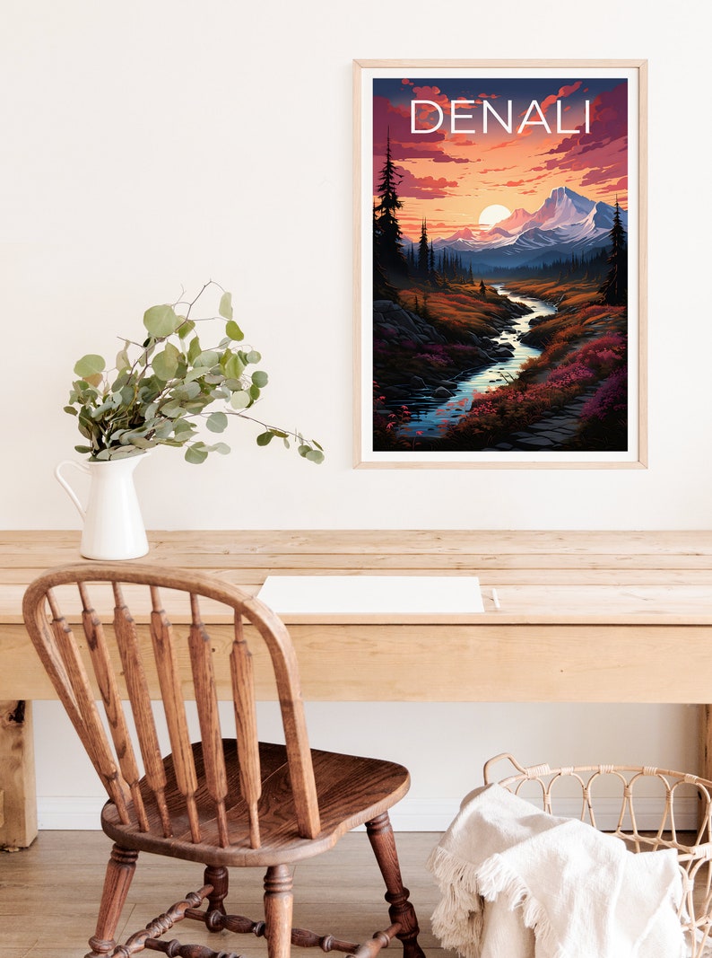 Affiche de voyage Denali, art mural de l'Alaska, impression de l'Alaska, affiche Denali, affiche de montagne, affiche de la nature, art Denali