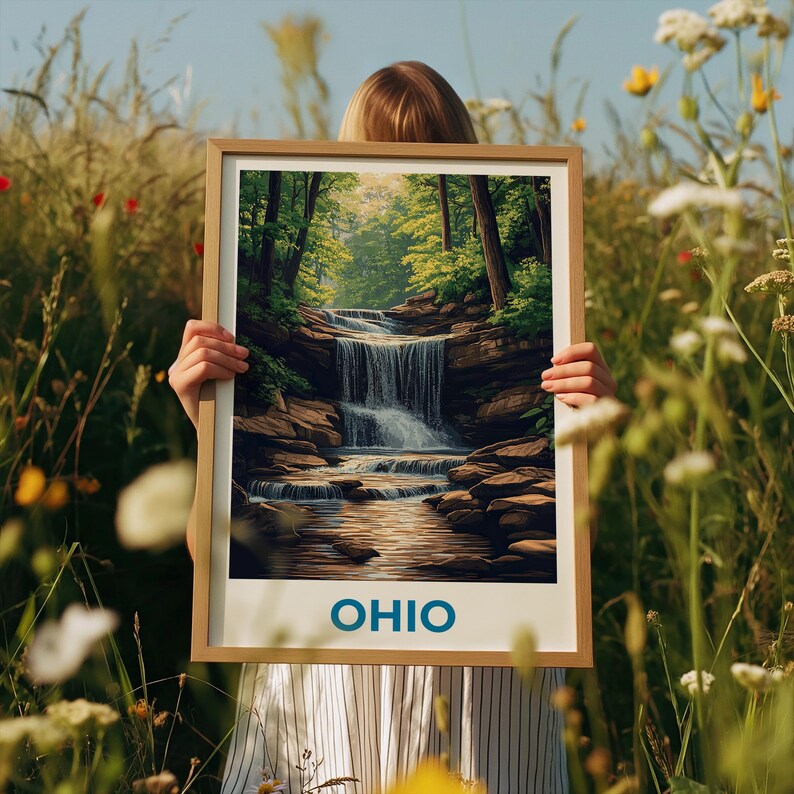 Ohio Travel Print, Cuyahoga National Park Poster, Waterfall Wall Art, Forest Illustration, Ohio Poster, Home Decor, Birthday Gift