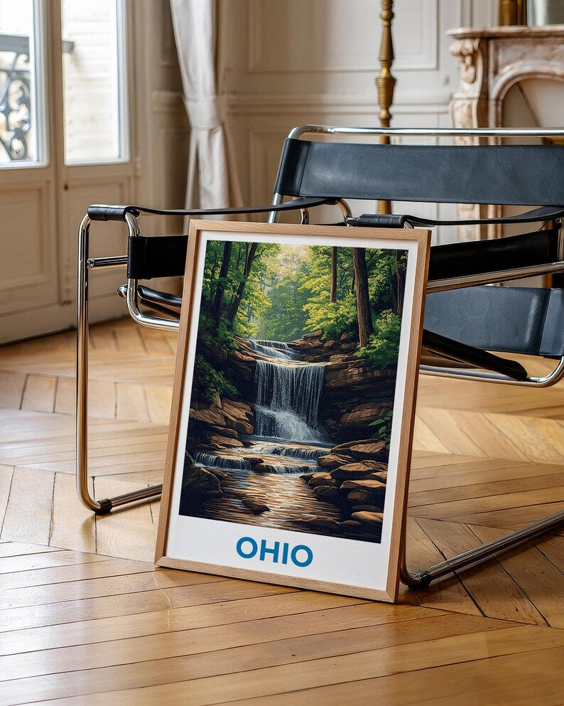 Ohio Travel Print, Cuyahoga National Park Poster, Waterfall Wall Art, Forest Illustration, Ohio Poster, Home Decor, Birthday Gift