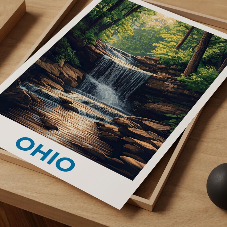 Ohio Travel Print, Cuyahoga National Park Poster, Waterfall Wall Art, Forest Illustration, Ohio Poster, Home Decor, Birthday Gift