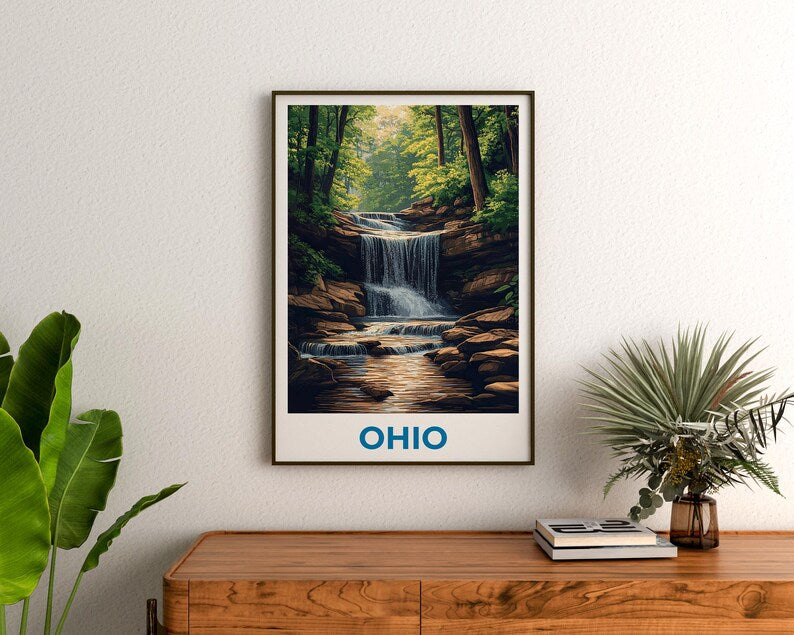 Ohio Travel Print, Cuyahoga National Park Poster, Waterfall Wall Art, Forest Illustration, Ohio Poster, Home Decor, Birthday Gift