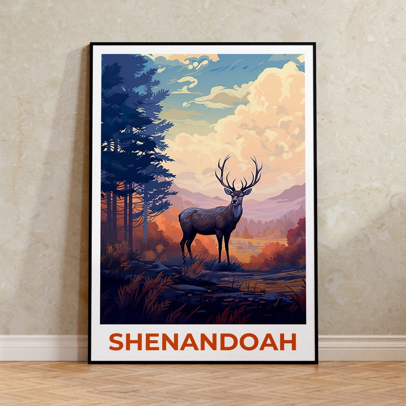 Affiche de voyage de Shenandoah, art mural de cerf, impression de cerf, affiche de Shenandoah, affiche de cerf, affiche de forêt, art de Shenandoah
