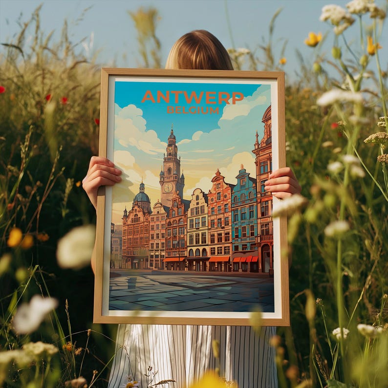Antwerp Travel Print Belgium Poster European City Wall Art Grote Markt Illustration Antwerp Poster Home Decor Birthday Gift