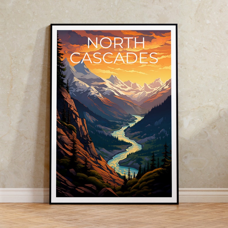 Affiche des North Cascades, affiche de Washington, impression de l'État de Washington, affiche du parc national des North Cascades, affiche de Washington