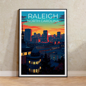 Raleigh Travel Print North Carolina Poster US Wall Art Rooftop Illustration Raleigh Poster Home Decor Birthday Gift