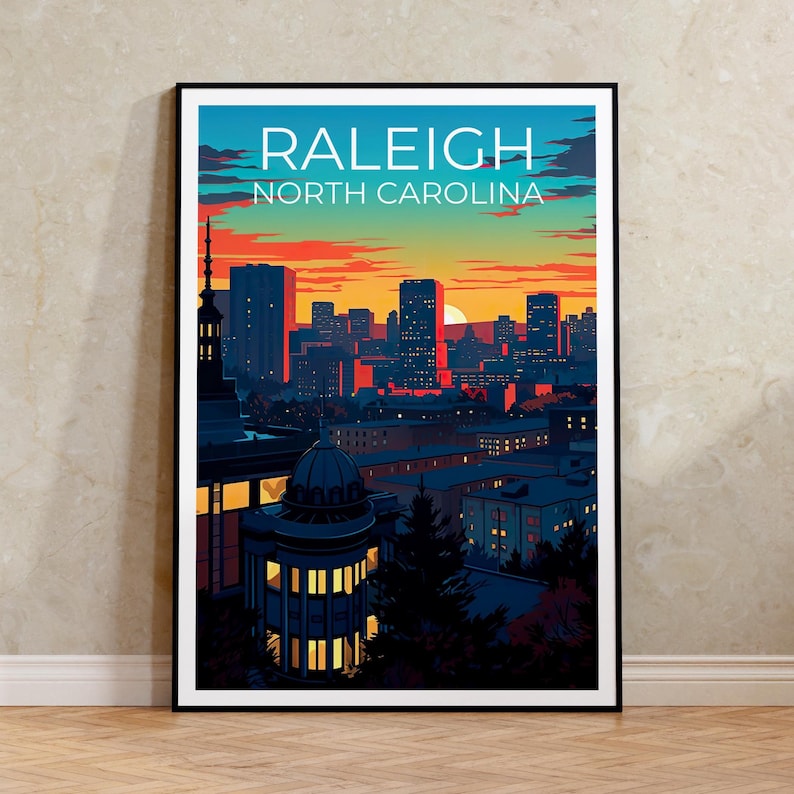 Raleigh Travel Print North Carolina Poster US Wall Art Rooftop Illustration Raleigh Poster Home Decor Birthday Gift