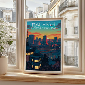 Raleigh Travel Print North Carolina Poster US Wall Art Rooftop Illustration Raleigh Poster Home Decor Birthday Gift
