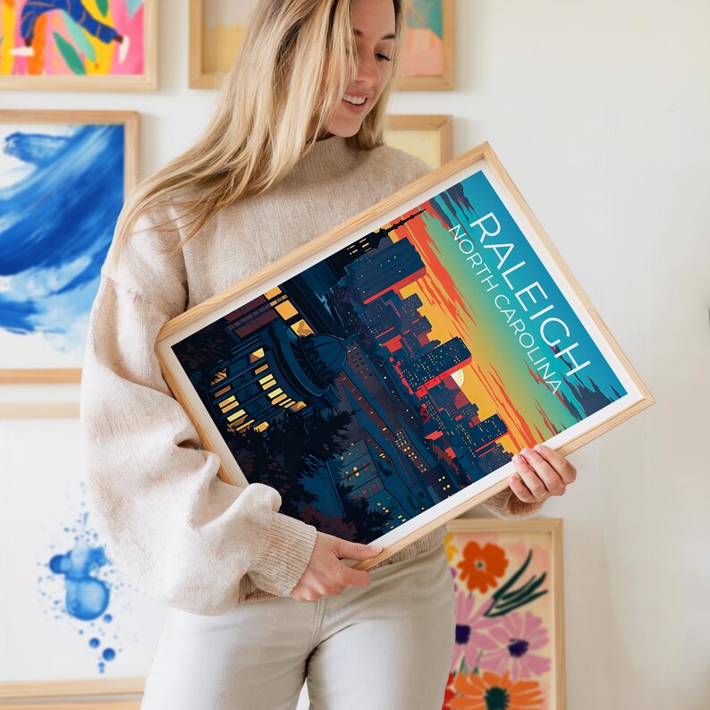 Raleigh Travel Print North Carolina Poster US Wall Art Rooftop Illustration Raleigh Poster Home Decor Birthday Gift