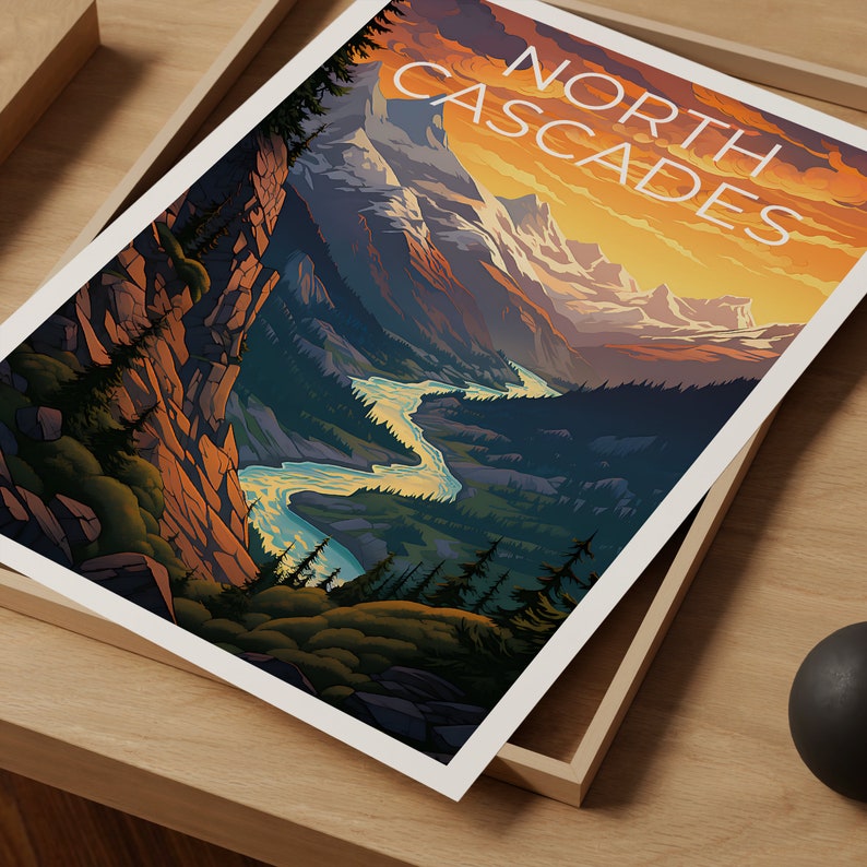 Affiche des North Cascades, affiche de Washington, impression de l'État de Washington, affiche du parc national des North Cascades, affiche de Washington