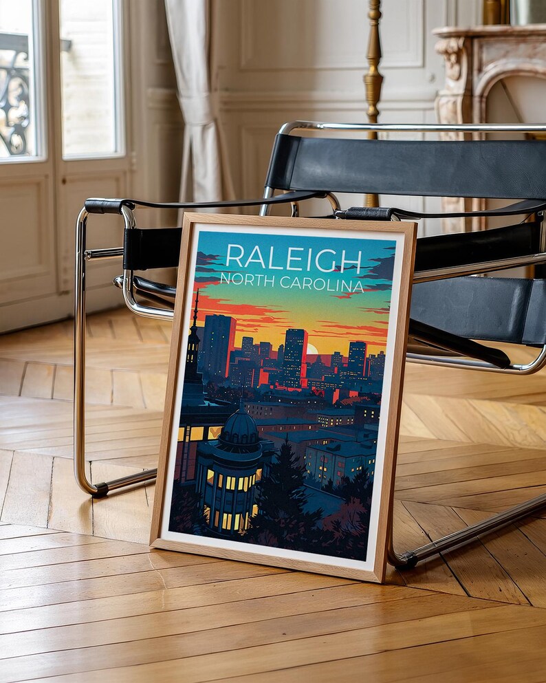 Raleigh Travel Print North Carolina Poster US Wall Art Rooftop Illustration Raleigh Poster Home Decor Birthday Gift