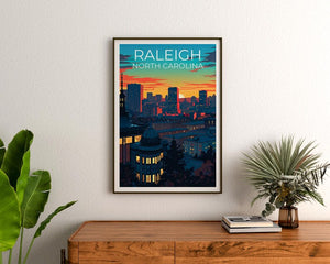 Raleigh Travel Print North Carolina Poster US Wall Art Rooftop Illustration Raleigh Poster Home Decor Birthday Gift