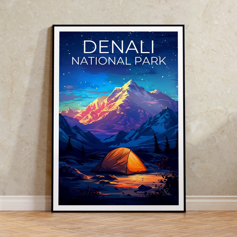 Affiche du parc national de Denali, impression Denali, affiche d'Alaska, impression d'Alaska, affiche de voyage Denali, affiche de montagne, art de l'Alaska