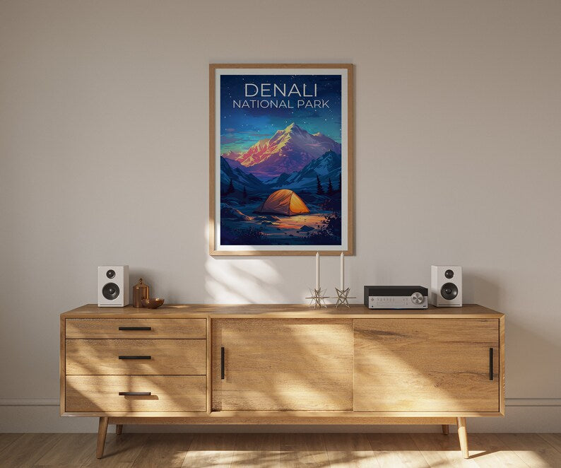 Affiche du parc national de Denali, impression Denali, affiche d'Alaska, impression d'Alaska, affiche de voyage Denali, affiche de montagne, art de l'Alaska