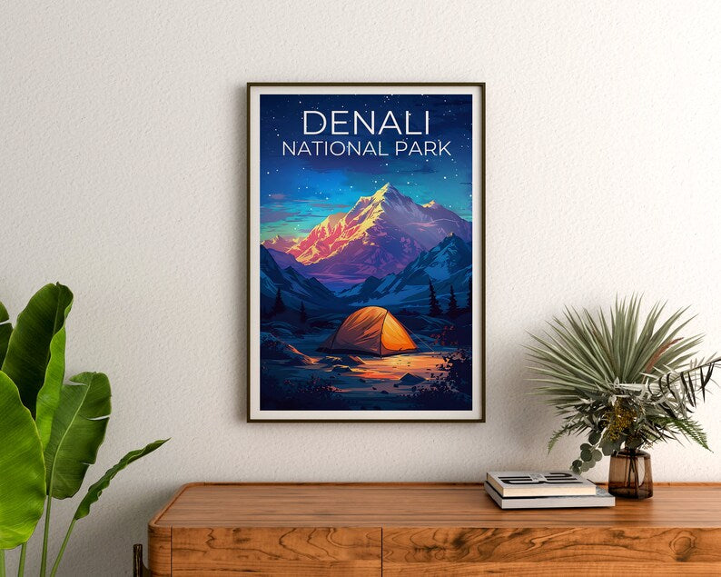 Affiche du parc national de Denali, impression Denali, affiche d'Alaska, impression d'Alaska, affiche de voyage Denali, affiche de montagne, art de l'Alaska