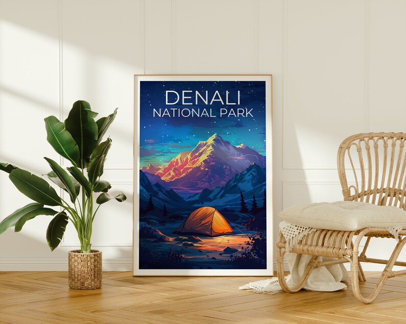 Affiche du parc national de Denali, impression Denali, affiche d'Alaska, impression d'Alaska, affiche de voyage Denali, affiche de montagne, art de l'Alaska