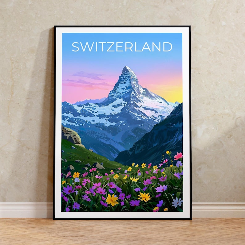 Switzerland Travel Print Matterhorn Poster Swiss Alps Wall Art Mountain Illustration Switzerland Poster Home Decor Birthday Gift