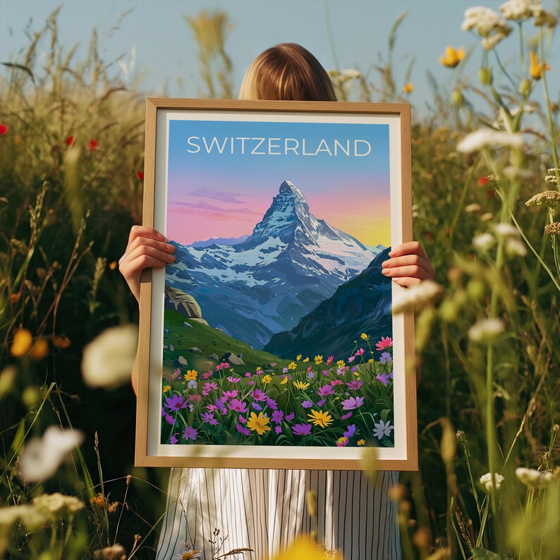 Switzerland Travel Print Matterhorn Poster Swiss Alps Wall Art Mountain Illustration Switzerland Poster Home Decor Birthday Gift
