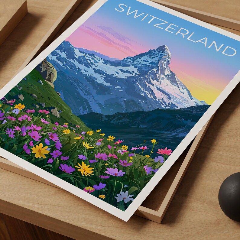 Switzerland Travel Print Matterhorn Poster Swiss Alps Wall Art Mountain Illustration Switzerland Poster Home Decor Birthday Gift