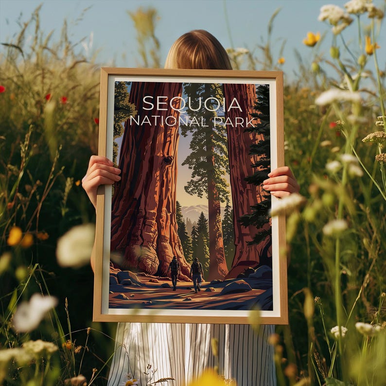 Sequoia National Park Poster, California Travel Print, Giant Tree Art, Hiking Illustration, Landscape Poster, Home Decor, Birthday Gift