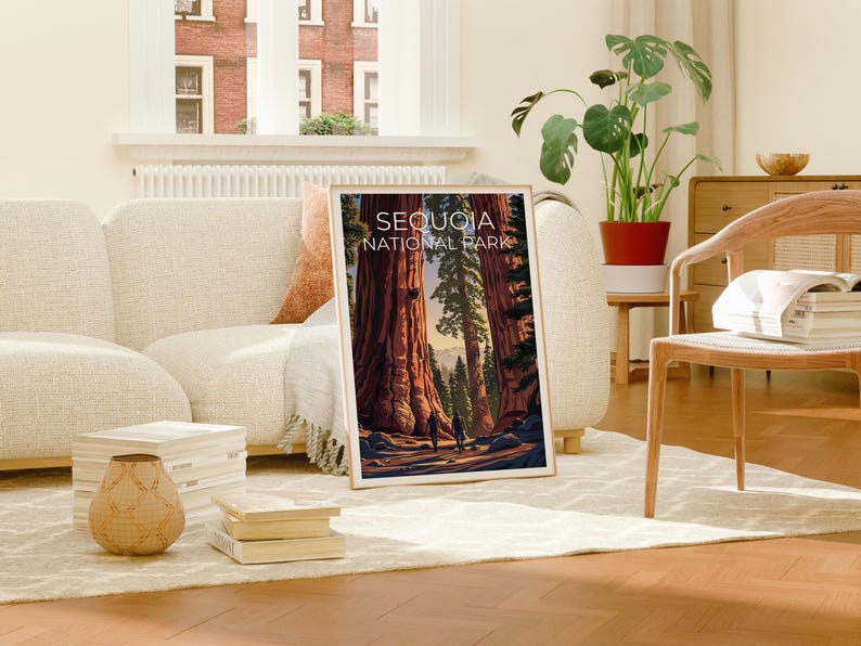 Sequoia National Park Poster, California Travel Print, Giant Tree Art, Hiking Illustration, Landscape Poster, Home Decor, Birthday Gift