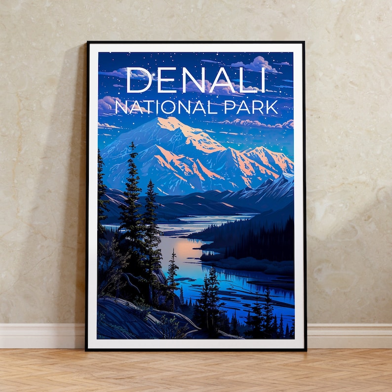 Affiche de voyage Denali, art mural de l'Alaska, impression de l'Alaska, affiche Denali, affiche de l'Alaska, art du parc national