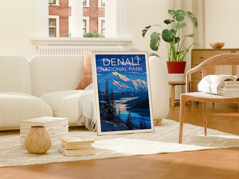 Affiche de voyage Denali, art mural de l'Alaska, impression de l'Alaska, affiche Denali, affiche de l'Alaska, art du parc national