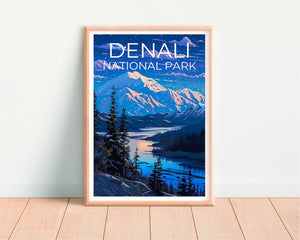 Affiche de voyage Denali, art mural de l'Alaska, impression de l'Alaska, affiche Denali, affiche de l'Alaska, art du parc national