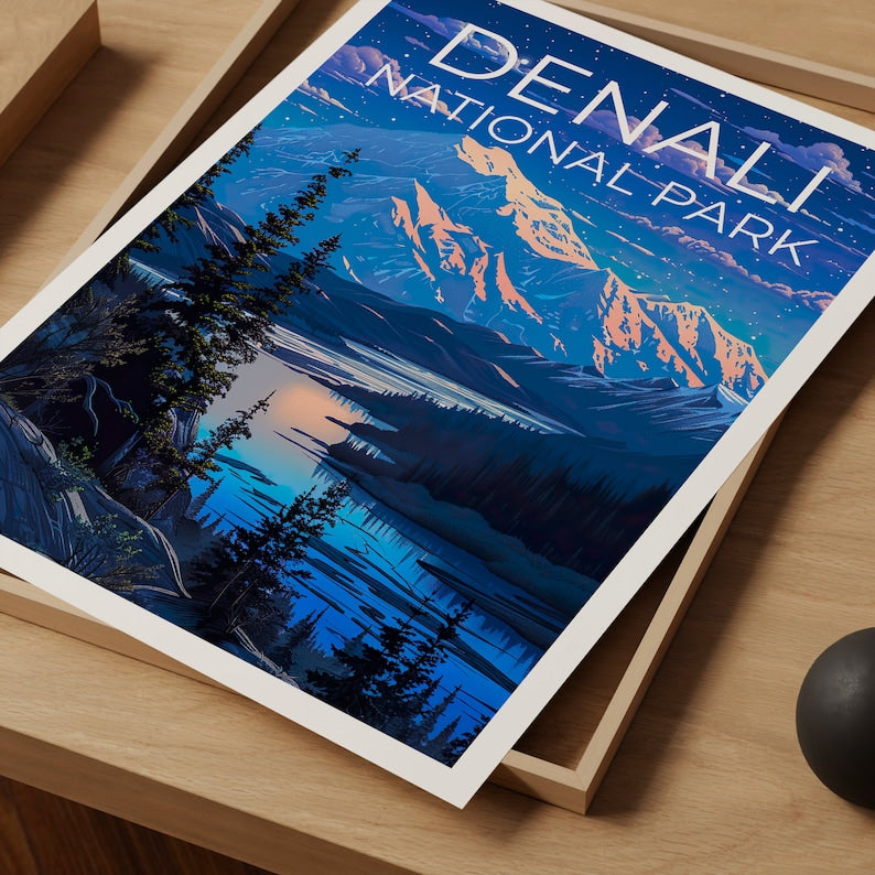 Affiche de voyage Denali, art mural de l'Alaska, impression de l'Alaska, affiche Denali, affiche de l'Alaska, art du parc national