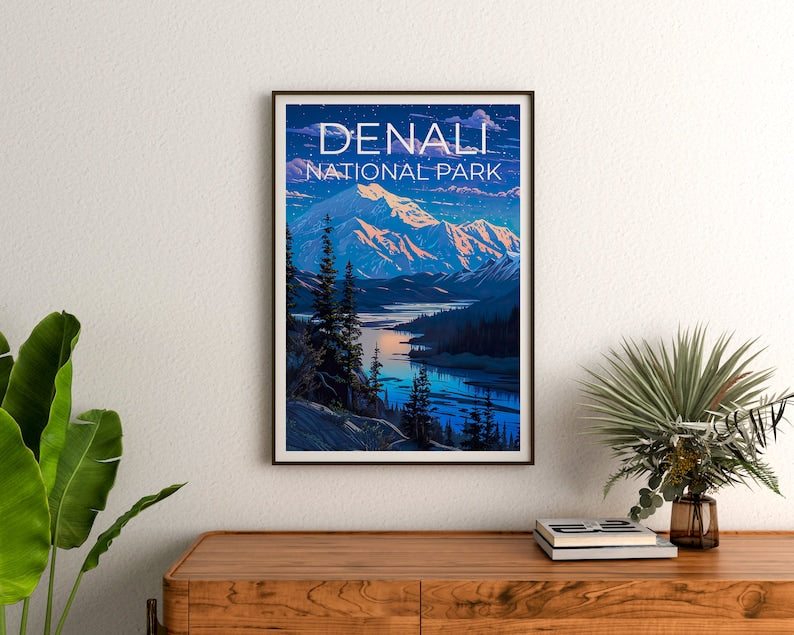 Affiche de voyage Denali, art mural de l'Alaska, impression de l'Alaska, affiche Denali, affiche de l'Alaska, art du parc national