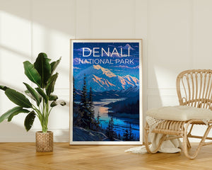Affiche de voyage Denali, art mural de l'Alaska, impression de l'Alaska, affiche Denali, affiche de l'Alaska, art du parc national